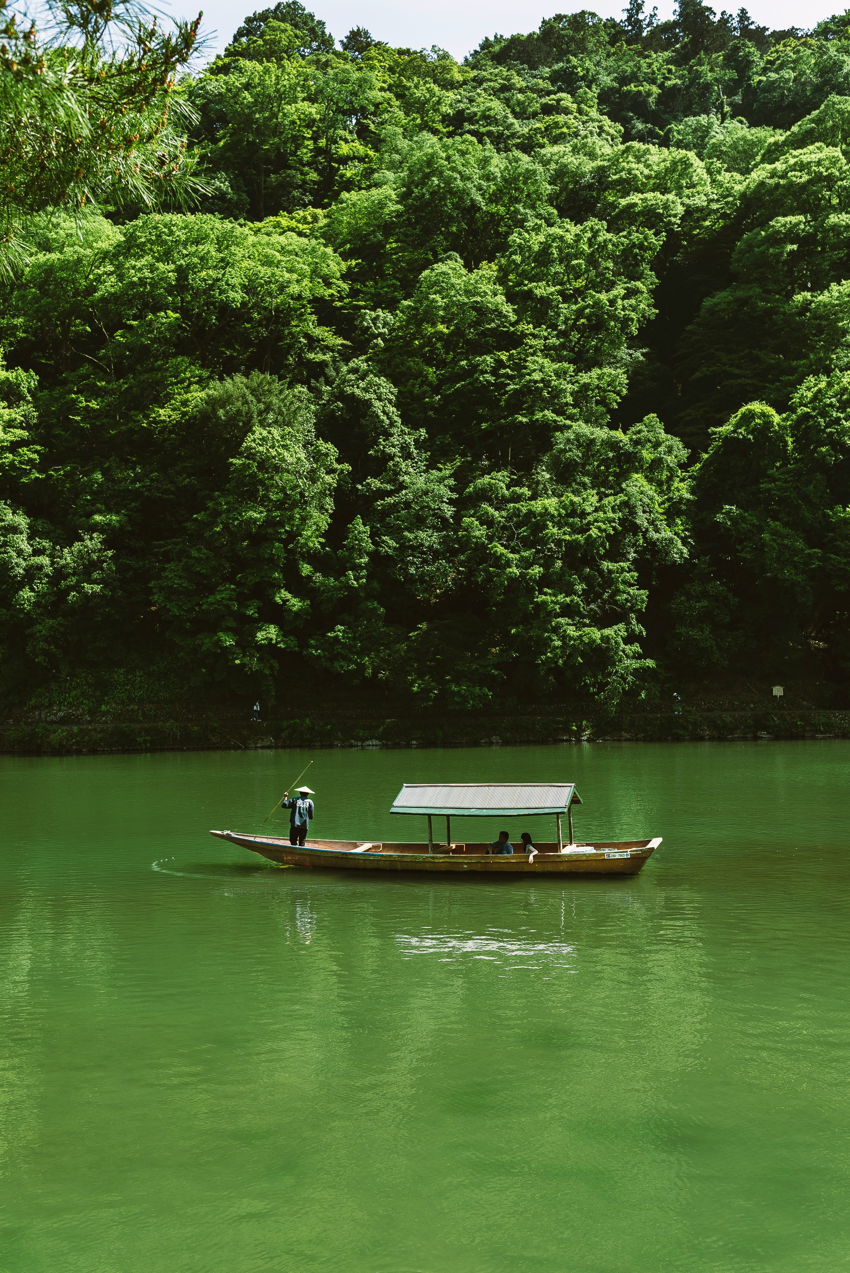 A traditional boatman poling a river boat through a green, forested river in Kyoto