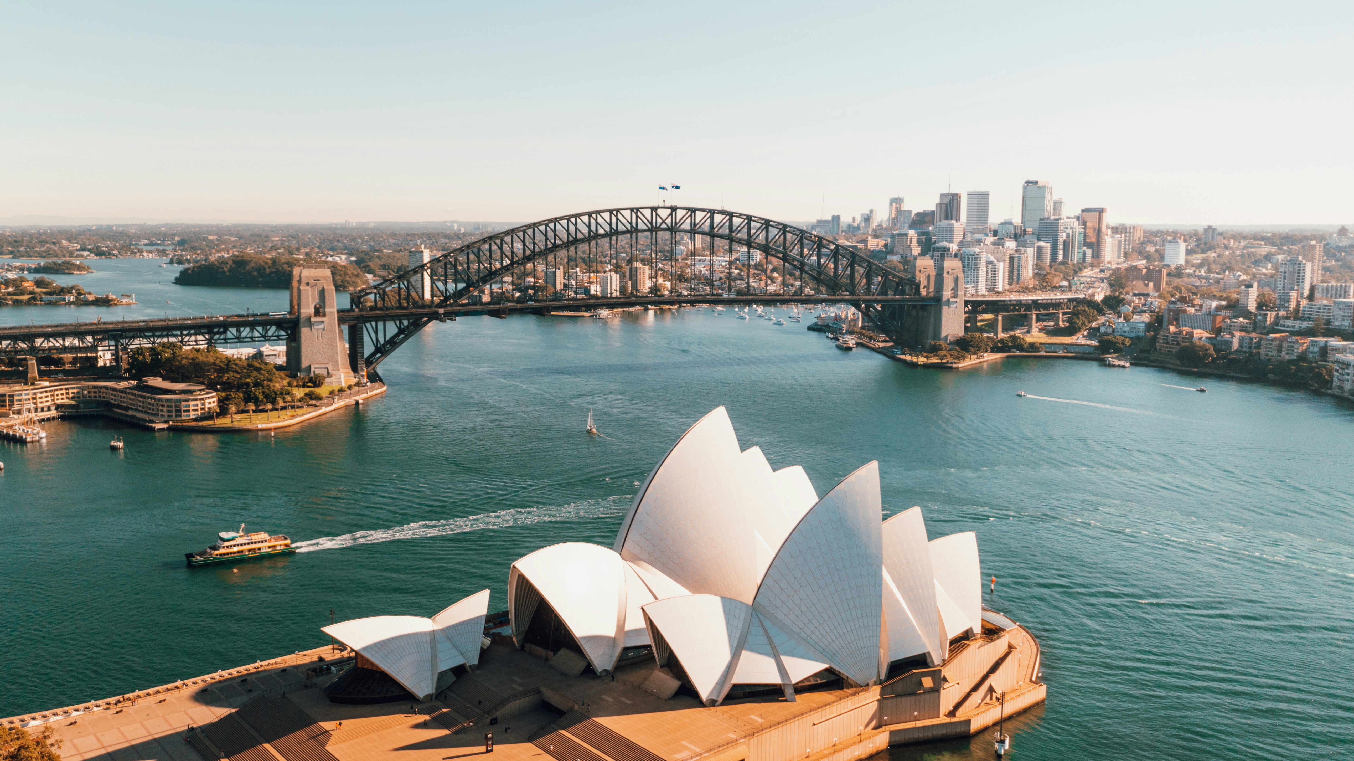 Aerial view of the Sydney Opera House and Harbour Bridge